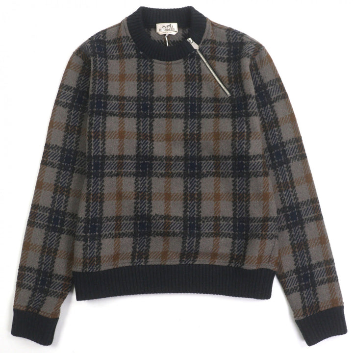 Pristine HERMES sweater Zip design check pattern pullover knit gray wool mens S