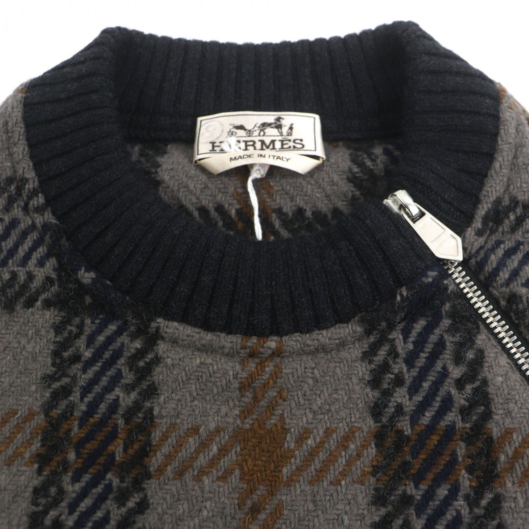 Pristine HERMES sweater Zip design check pattern pullover knit gray wool mens S