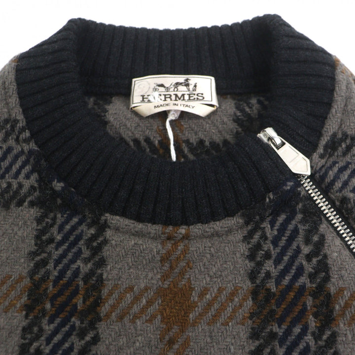 Pristine HERMES sweater Zip design check pattern pullover knit gray wool mens S