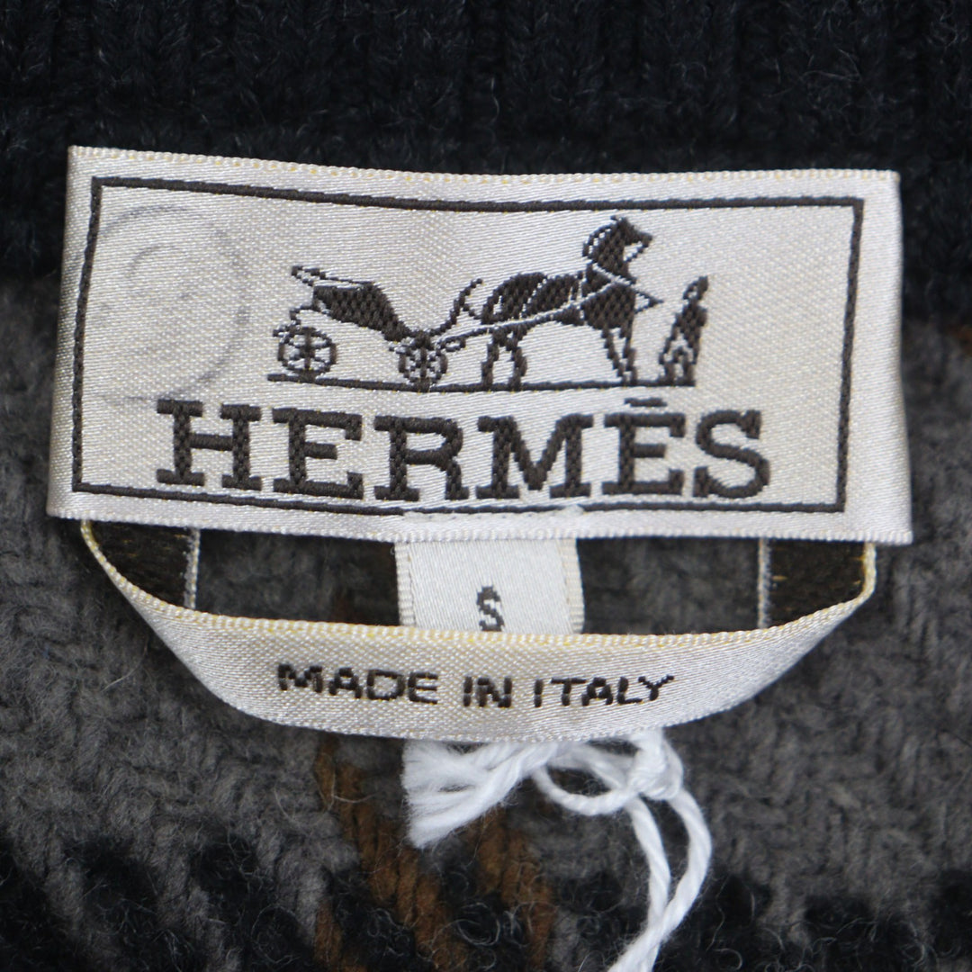Pristine HERMES sweater Zip design check pattern pullover knit gray wool mens S