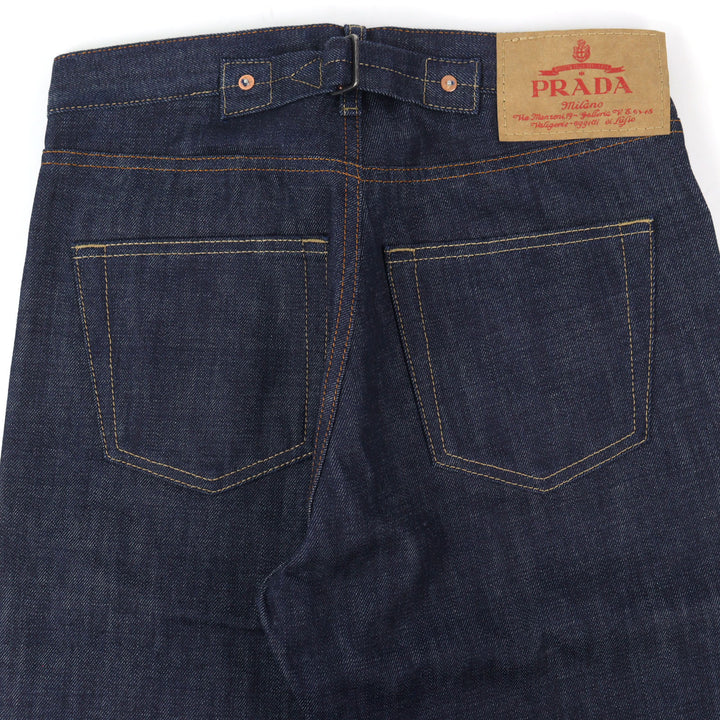 Pristine PRADA Denim pants Triangle with logo leather patch cinch back 29 GEP358