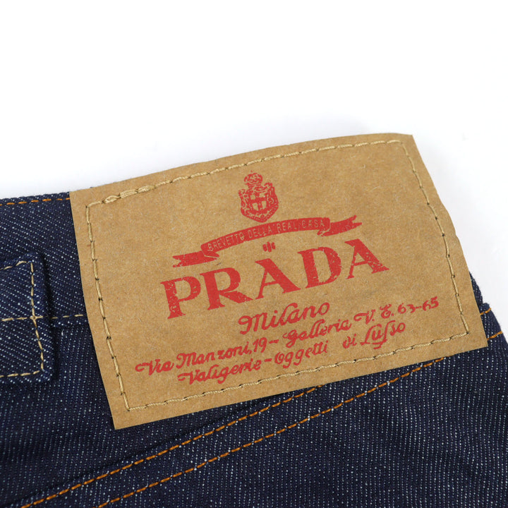 Pristine PRADA Denim pants Triangle with logo leather patch cinch back 29 GEP358