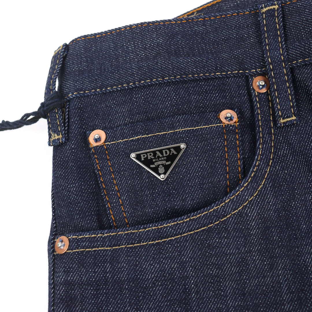 Pristine PRADA Denim pants Triangle with logo leather patch cinch back 29 GEP358