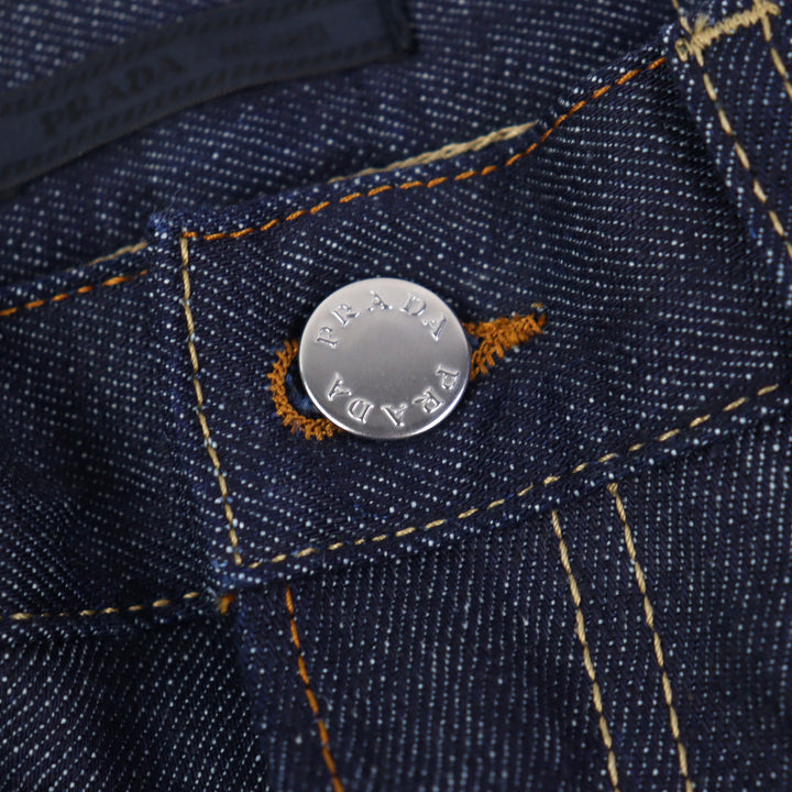 Pristine PRADA Denim pants Triangle with logo leather patch cinch back 29 GEP358