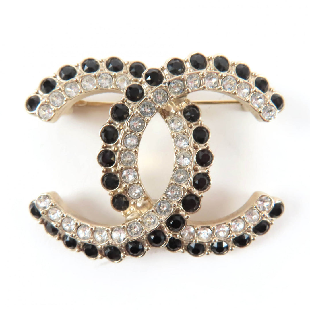 Excellent CHANEL Brooch COCO Mark Black Stone Clear Stone Large Size Gold A22B