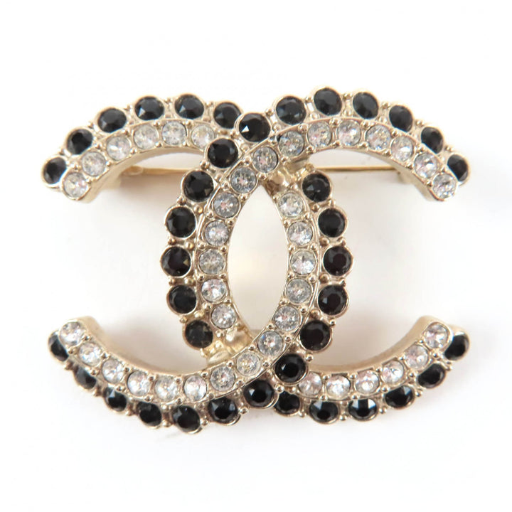 Excellent CHANEL Brooch COCO Mark Black Stone Clear Stone Large Size Gold A22B