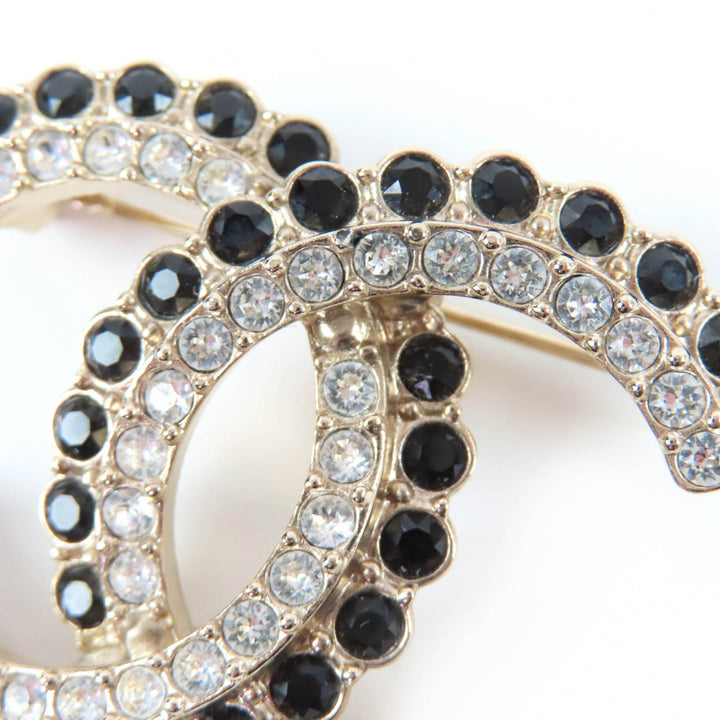Excellent CHANEL Brooch COCO Mark Black Stone Clear Stone Large Size Gold A22B