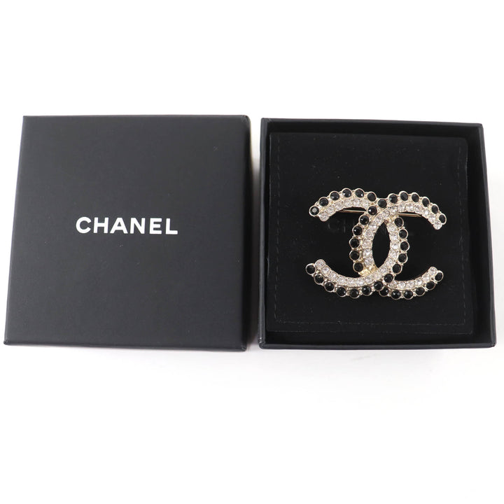 Excellent CHANEL Brooch COCO Mark Black Stone Clear Stone Large Size Gold A22B