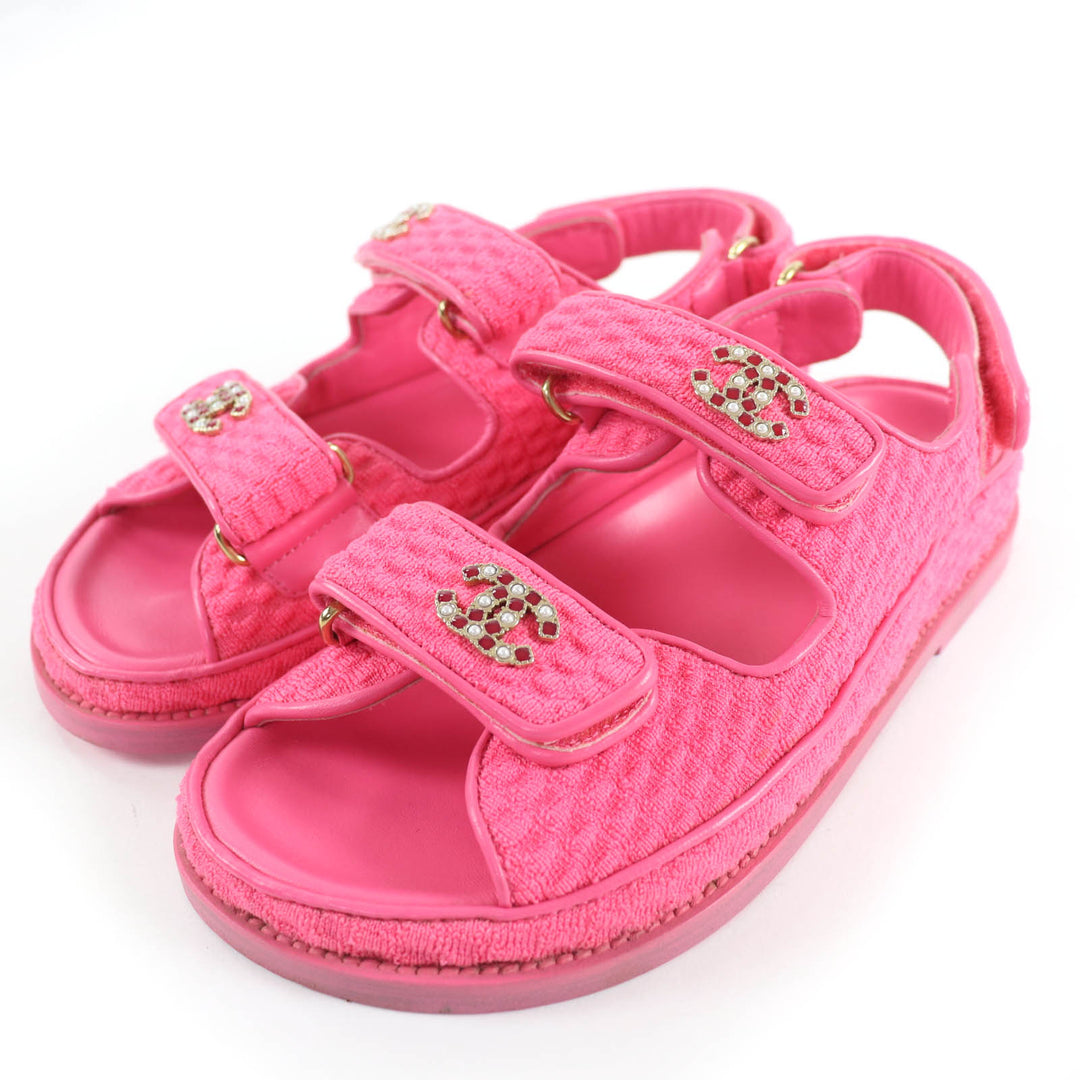 Great CHANEL Sandals COCO Mark Tweed Velcro Flats pink leather Women 36 G35927