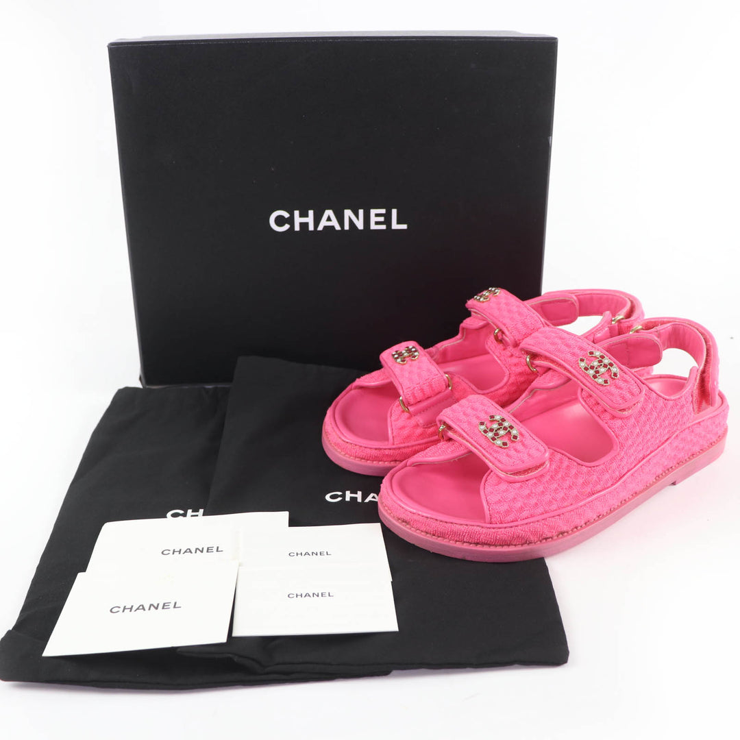 Great CHANEL Sandals COCO Mark Tweed Velcro Flats pink leather Women 36 G35927