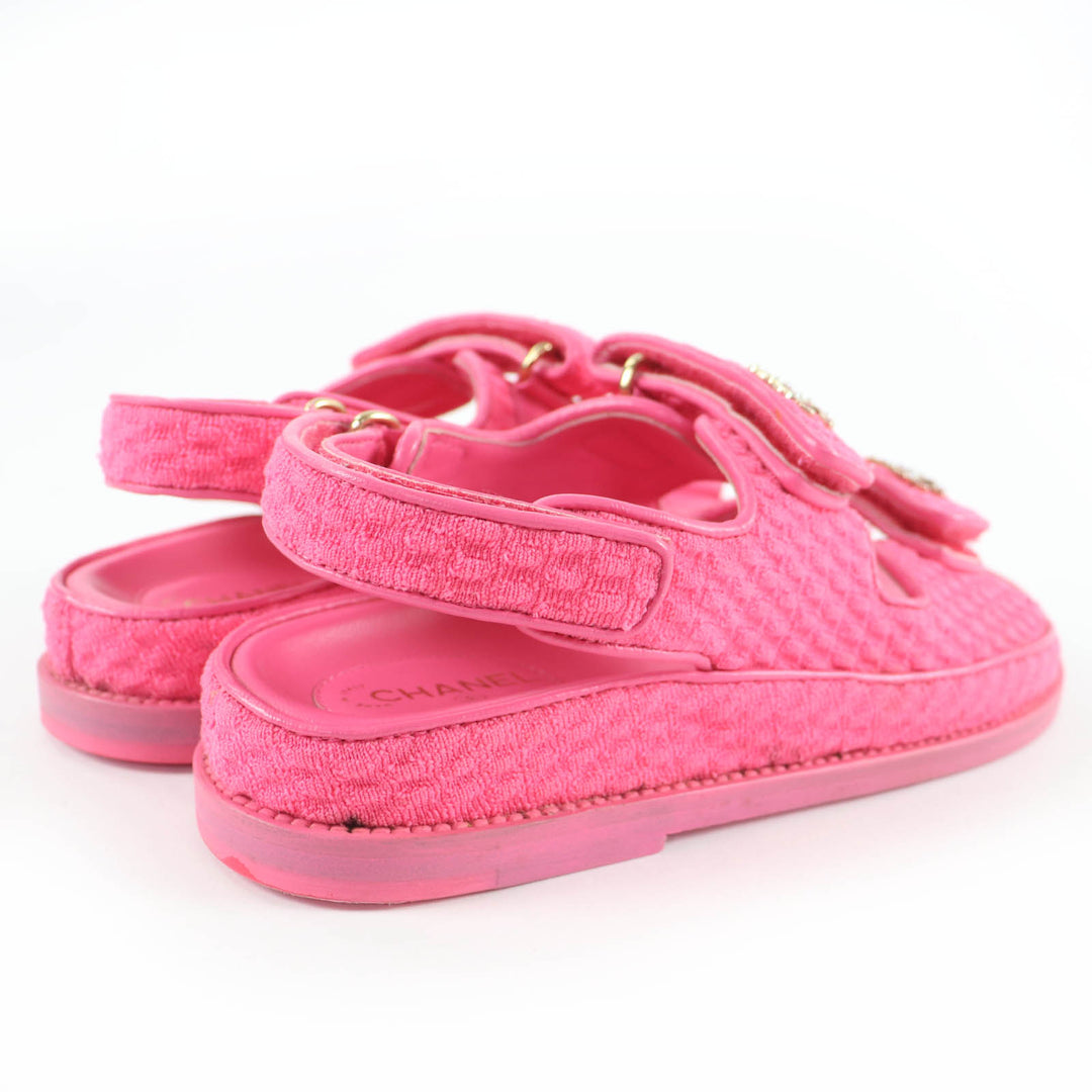 Great CHANEL Sandals COCO Mark Tweed Velcro Flats pink leather Women 36 G35927
