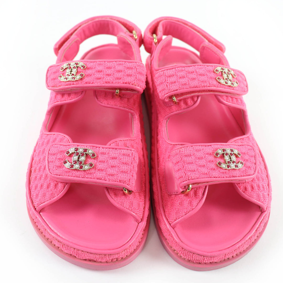 Great CHANEL Sandals COCO Mark Tweed Velcro Flats pink leather Women 36 G35927