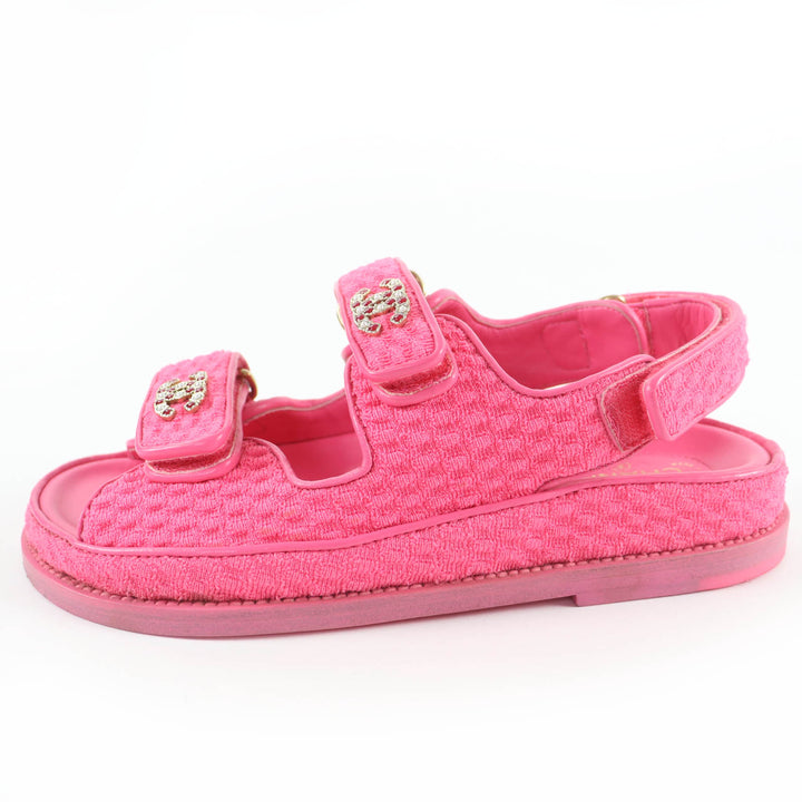 Great CHANEL Sandals COCO Mark Tweed Velcro Flats pink leather Women 36 G35927