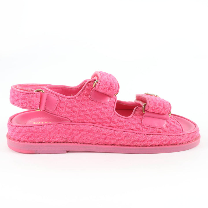 Great CHANEL Sandals COCO Mark Tweed Velcro Flats pink leather Women 36 G35927