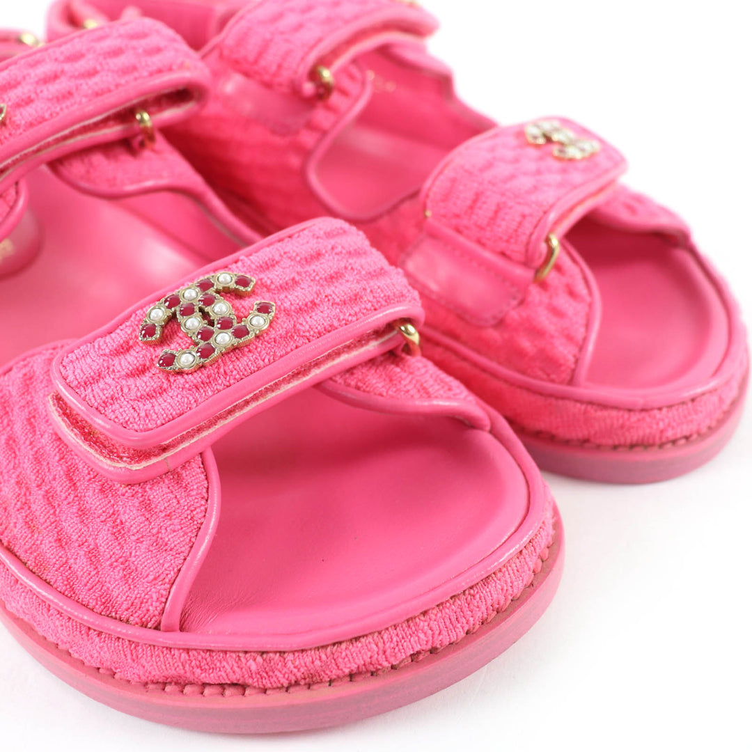 Great CHANEL Sandals COCO Mark Tweed Velcro Flats pink leather Women 36 G35927