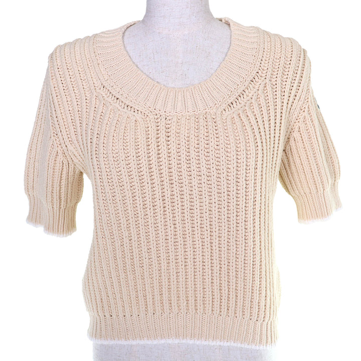 Excellent MONCLER knit GIROCOLLO TRICOT Logo patch short sleeve beige cotton S