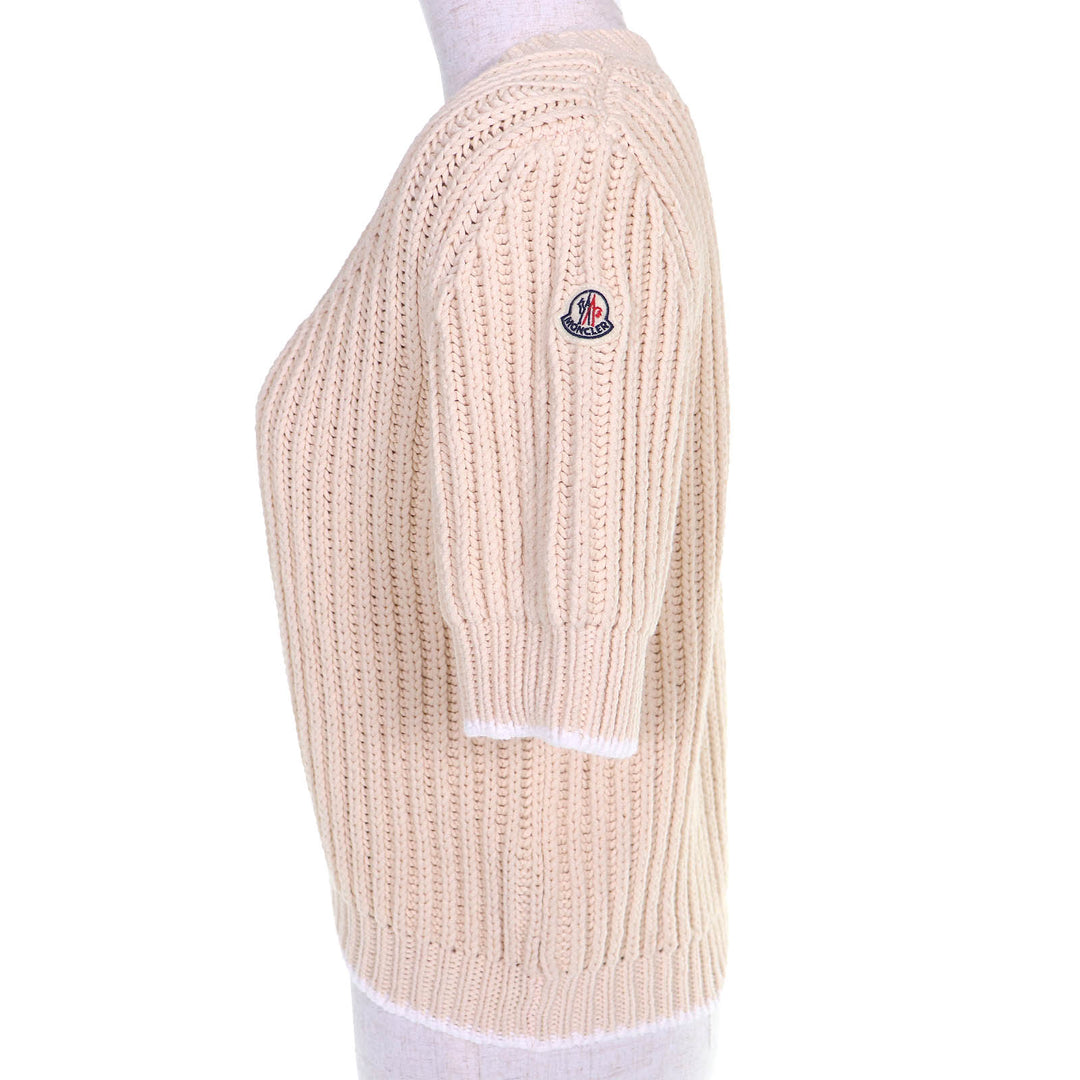 Excellent MONCLER knit GIROCOLLO TRICOT Logo patch short sleeve beige cotton S