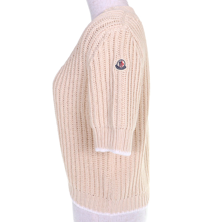 Excellent MONCLER knit GIROCOLLO TRICOT Logo patch short sleeve beige cotton S