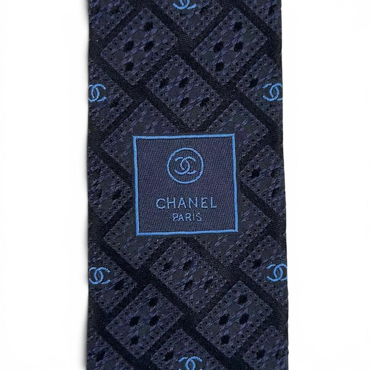 Pristine CHANEL tie COCO MarkPattern Jacquard Dark navy silk mens
