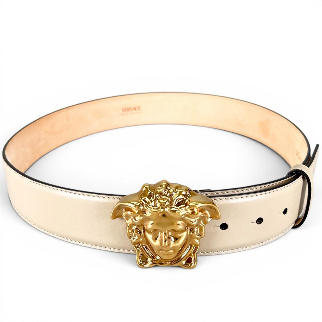Great VERSACE belt Medusa motif buckle beige Calf leather mens