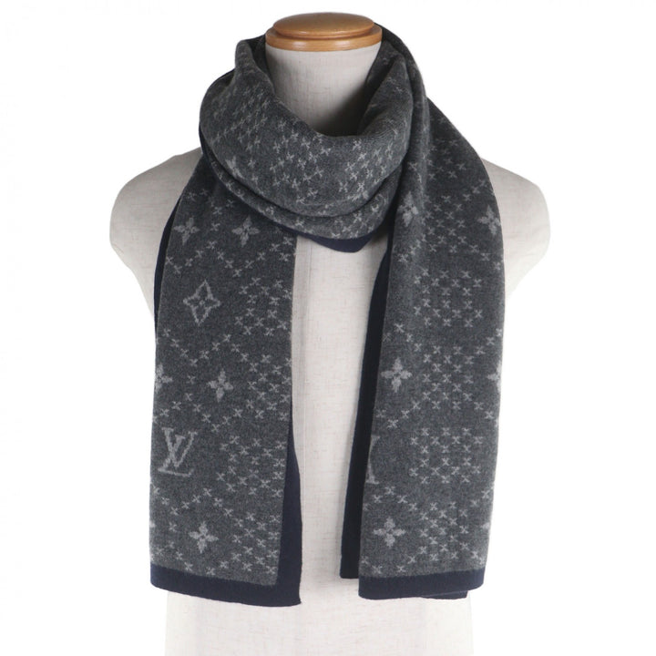 Great LOUIS VUITTON Scarf Escharp Monogram Stripes gray cashmere mens M76037