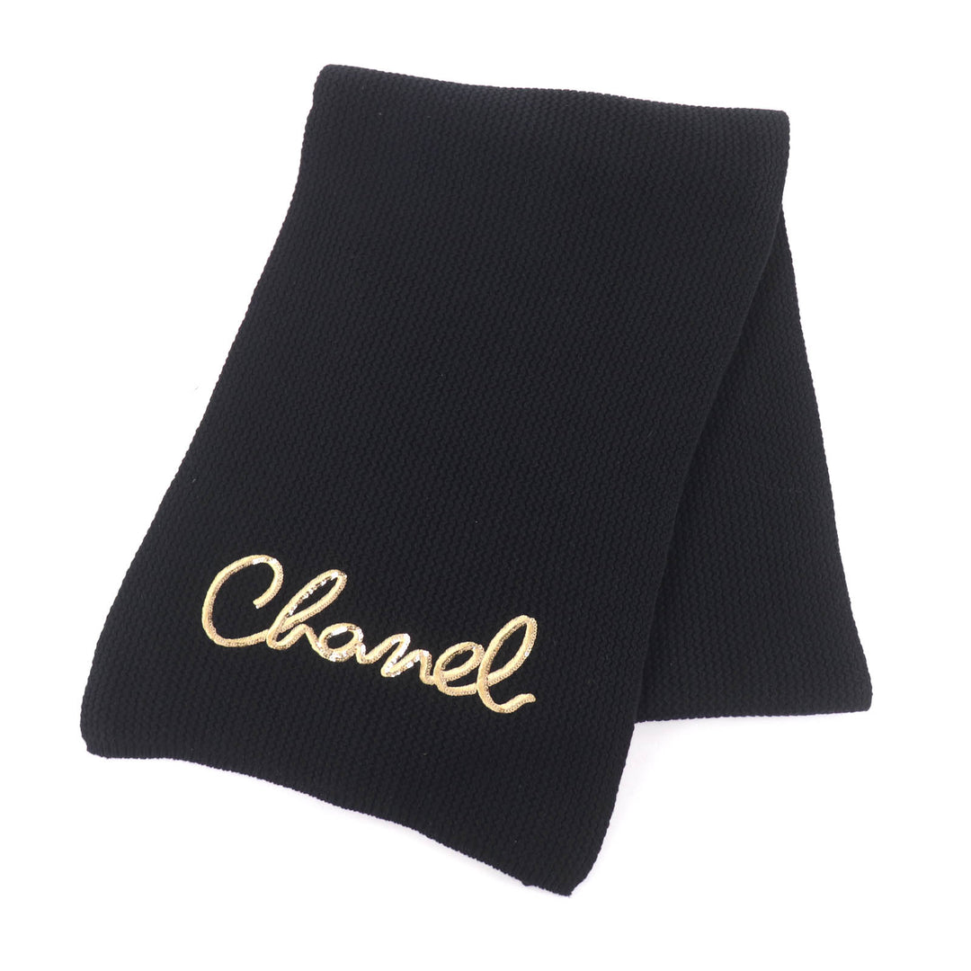Great CHANEL Scarf Embroidered handwritten logo sequin knit black cashmere 22A