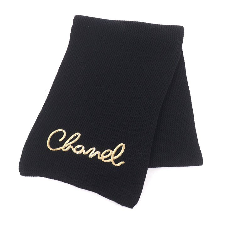 Great CHANEL Scarf Embroidered handwritten logo sequin knit black cashmere 22A