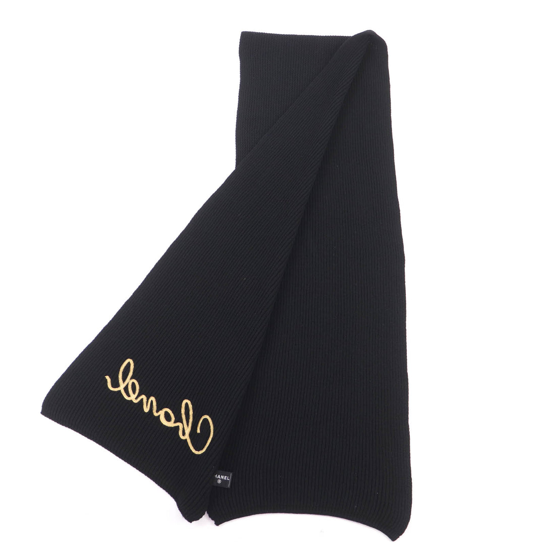 Great CHANEL Scarf Embroidered handwritten logo sequin knit black cashmere 22A