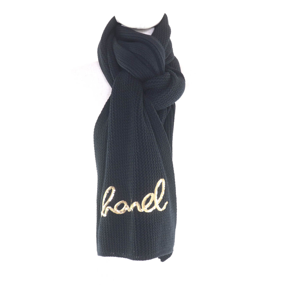 Great CHANEL Scarf Embroidered handwritten logo sequin knit black cashmere 22A