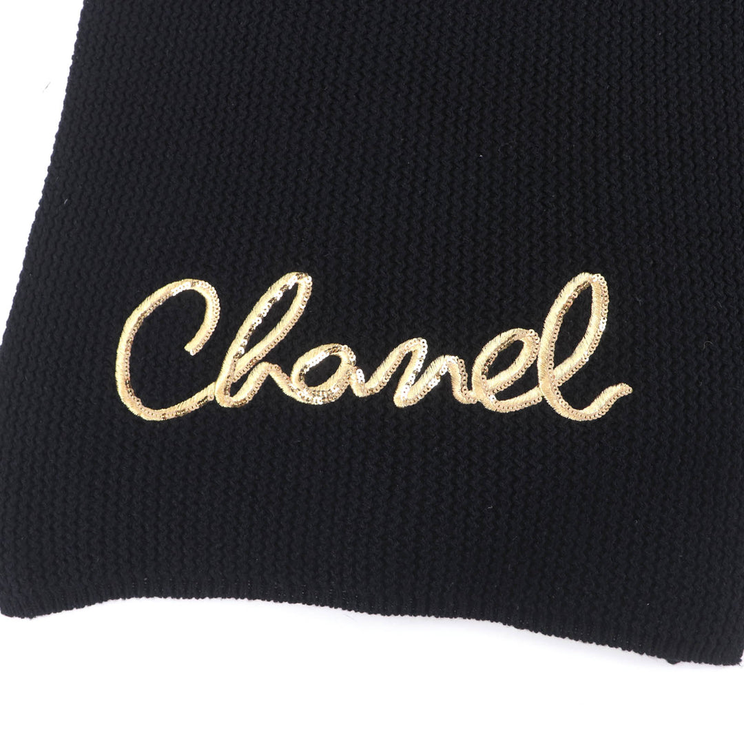 Great CHANEL Scarf Embroidered handwritten logo sequin knit black cashmere 22A