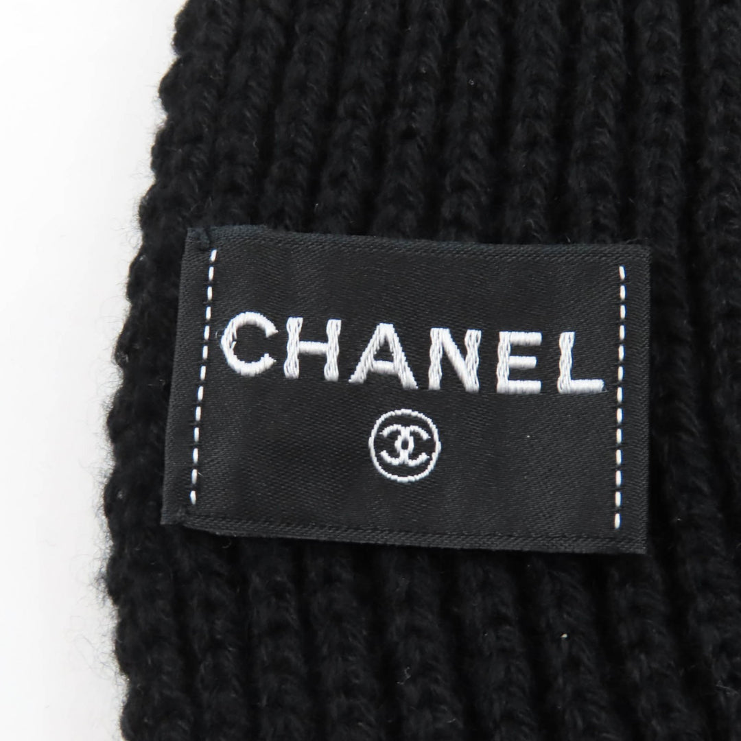 Great CHANEL Scarf Embroidered handwritten logo sequin knit black cashmere 22A