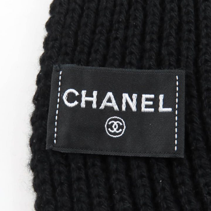 Great CHANEL Scarf Embroidered handwritten logo sequin knit black cashmere 22A