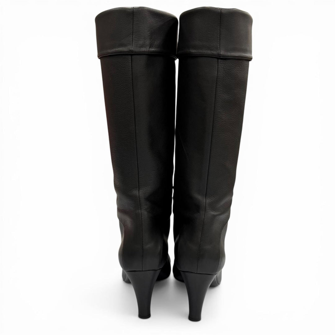 Great CHANEL Knee-high boots black leather Women 36.5 G36438