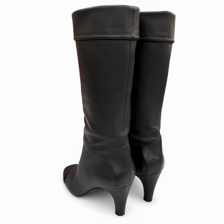 Great CHANEL Knee-high boots black leather Women 36.5 G36438