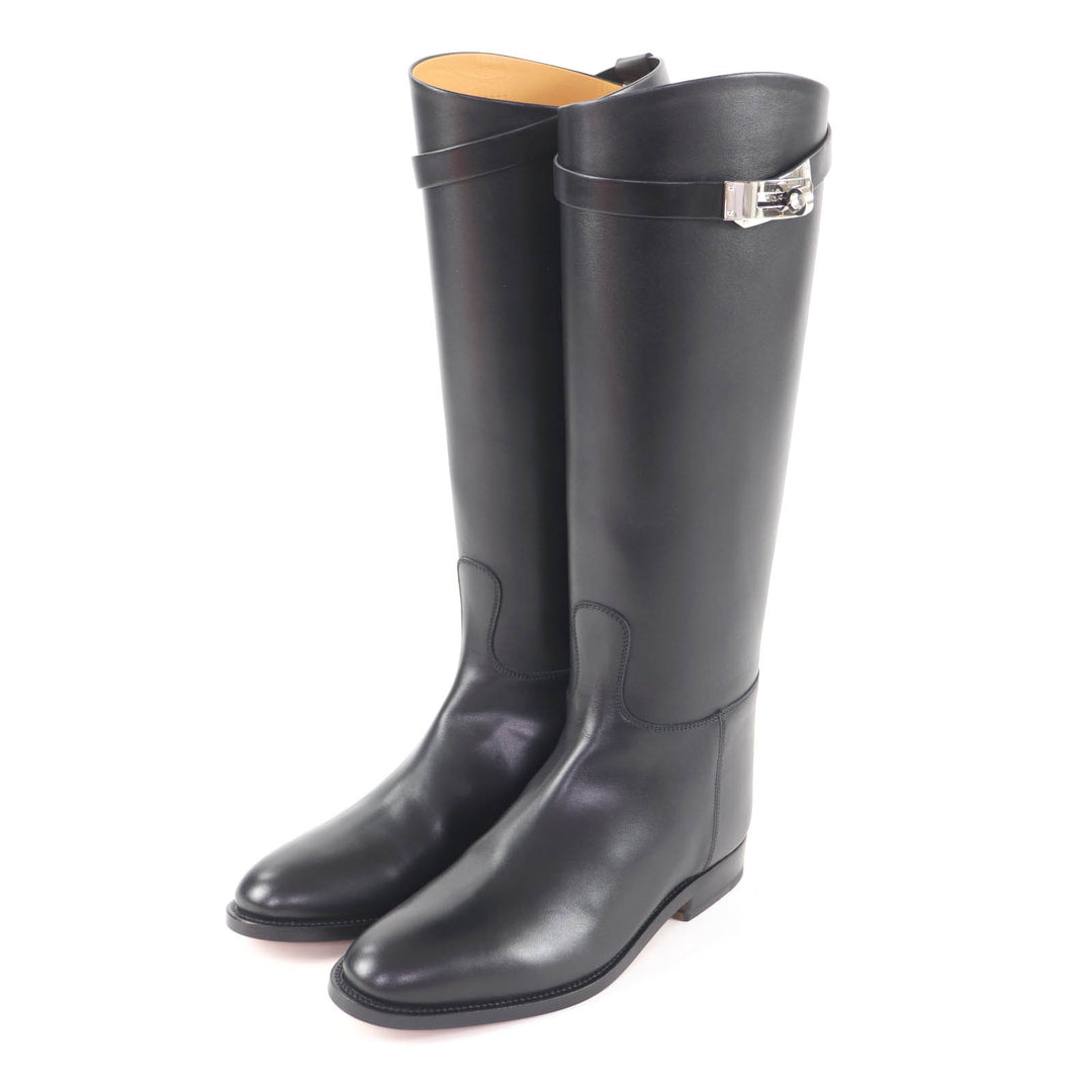 Excellent HERMES Knee-high boots Jumping kelly buckle black leather 35.5 042138