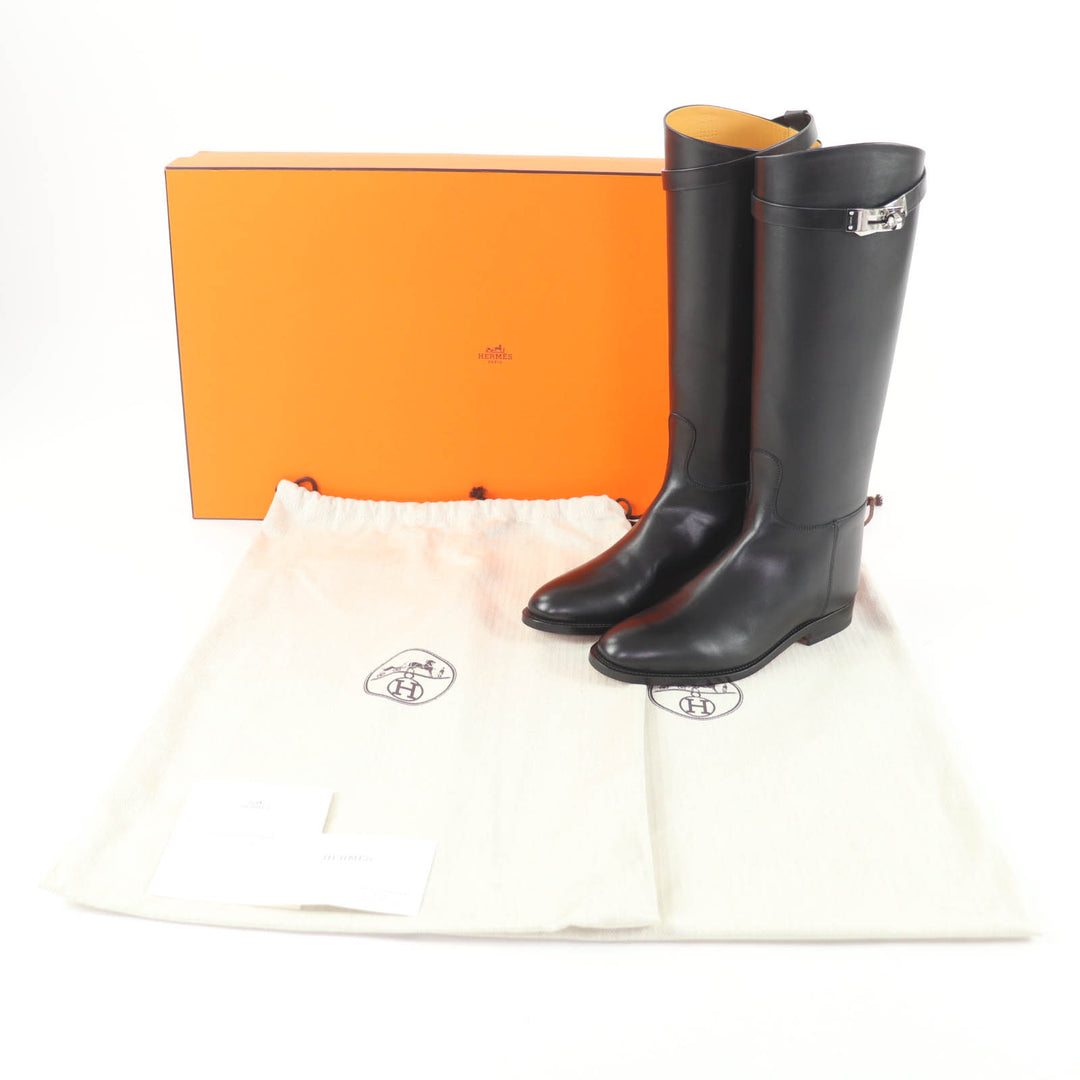 Excellent HERMES Knee-high boots Jumping kelly buckle black leather 35.5 042138