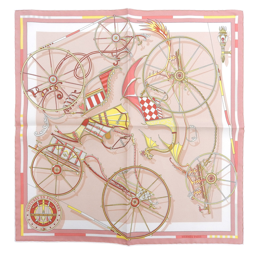 Excellent HERMES scarf Carré 45 VOITURES EN NQUILIBRE pink silk Women