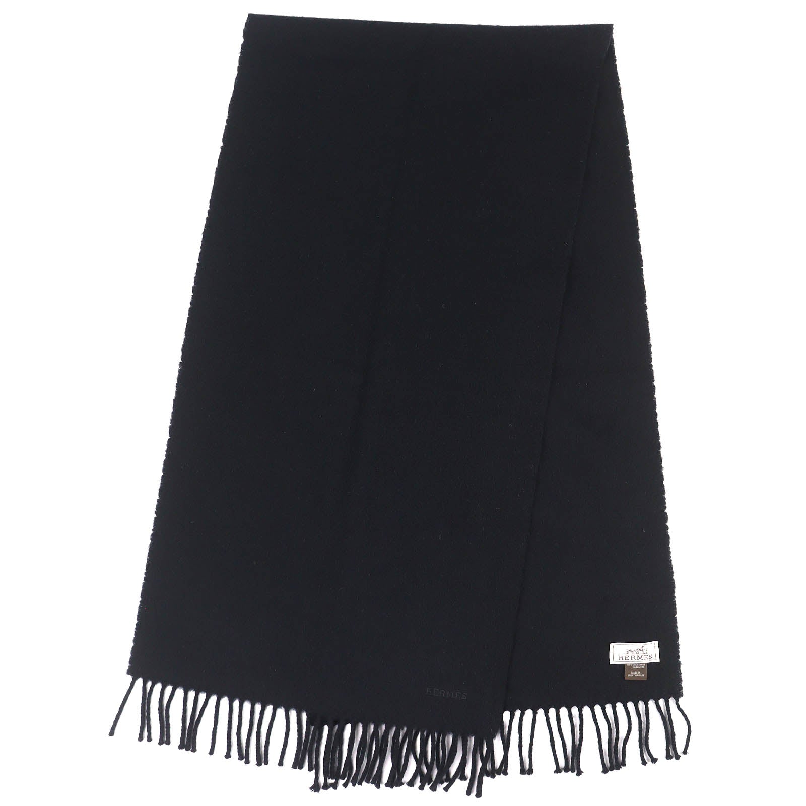 Great HERMES Scarf Logo embroidery fringe black cashmere mens