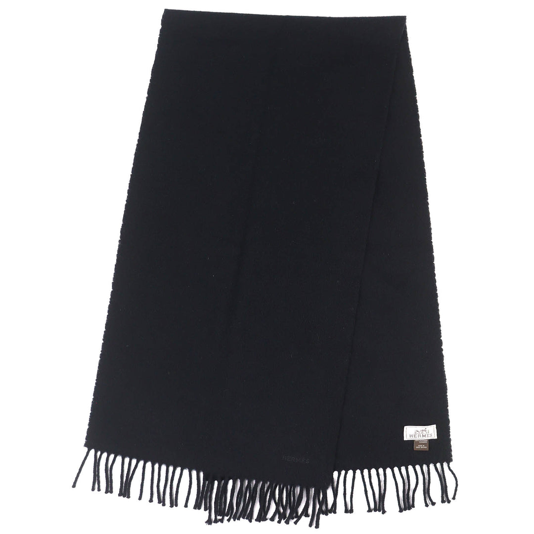 Great HERMES Scarf Logo embroidery fringe black cashmere mens