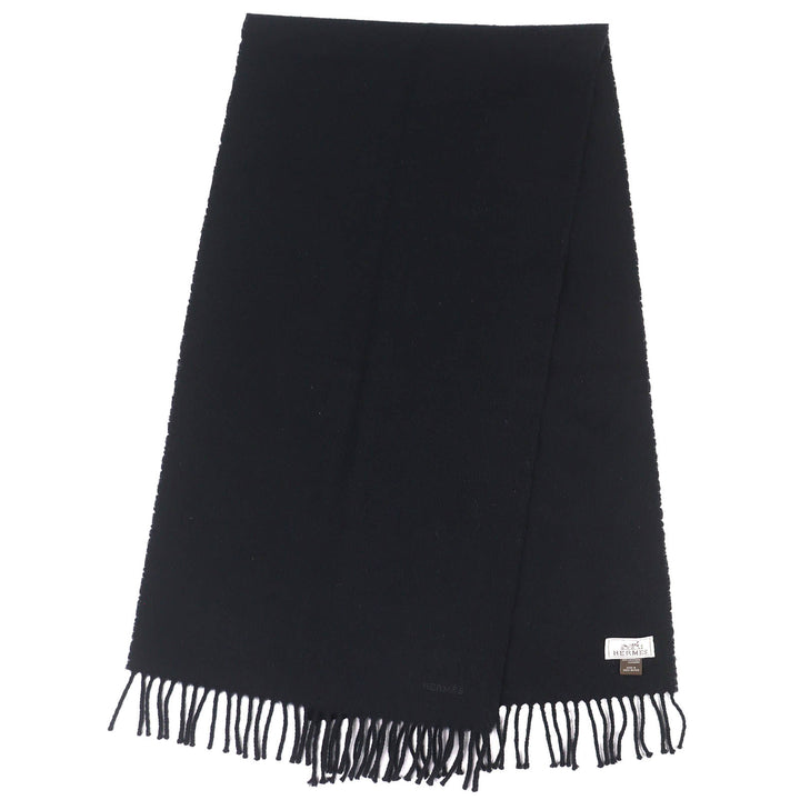 Great HERMES Scarf Logo embroidery fringe black cashmere mens