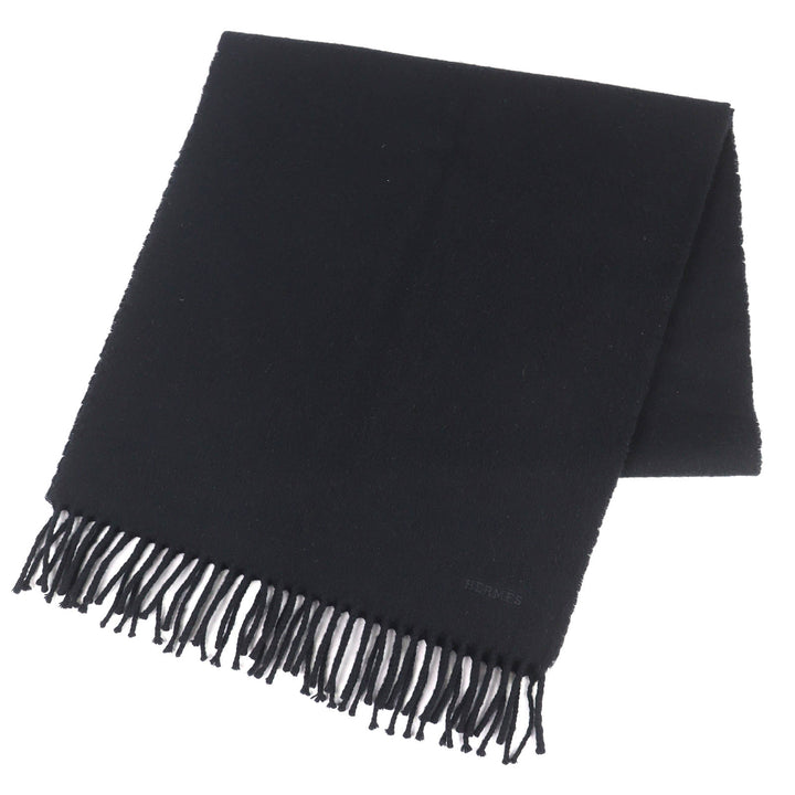 Great HERMES Scarf Logo embroidery fringe black cashmere mens