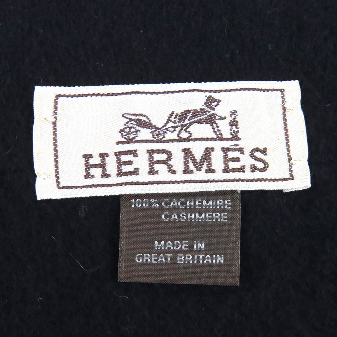 Great HERMES Scarf Logo embroidery fringe black cashmere mens