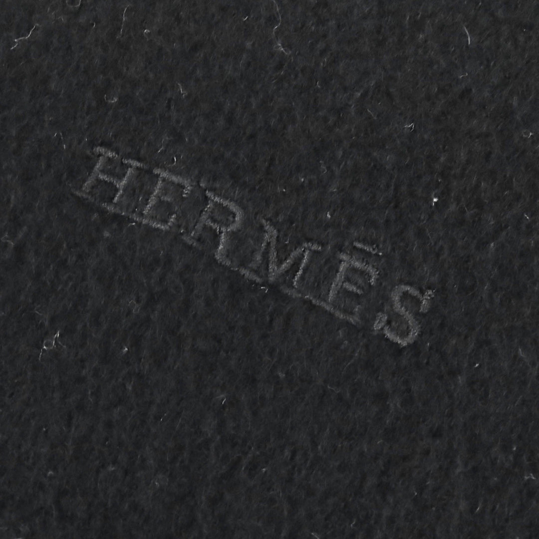 Great HERMES Scarf Logo embroidery fringe black cashmere mens