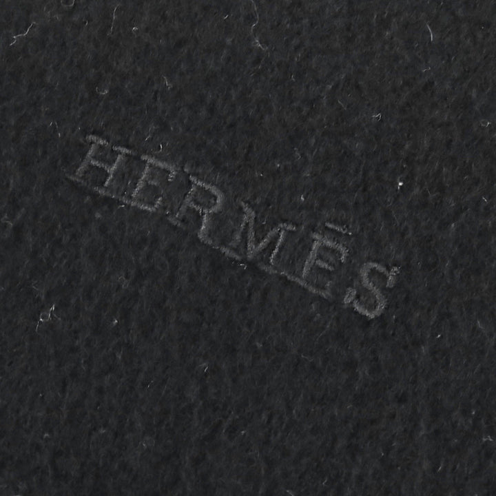 Great HERMES Scarf Logo embroidery fringe black cashmere mens