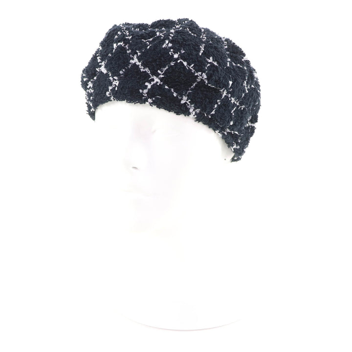 Great CHANEL beret COCO Mark lattice pattern tweed black cotton Women M 19C