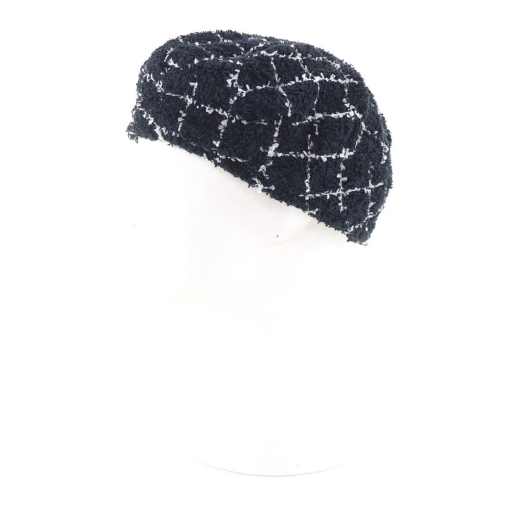 Great CHANEL beret COCO Mark lattice pattern tweed black cotton Women M 19C