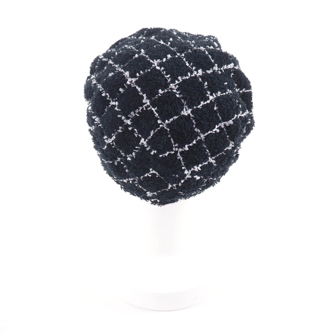 Great CHANEL beret COCO Mark lattice pattern tweed black cotton Women M 19C