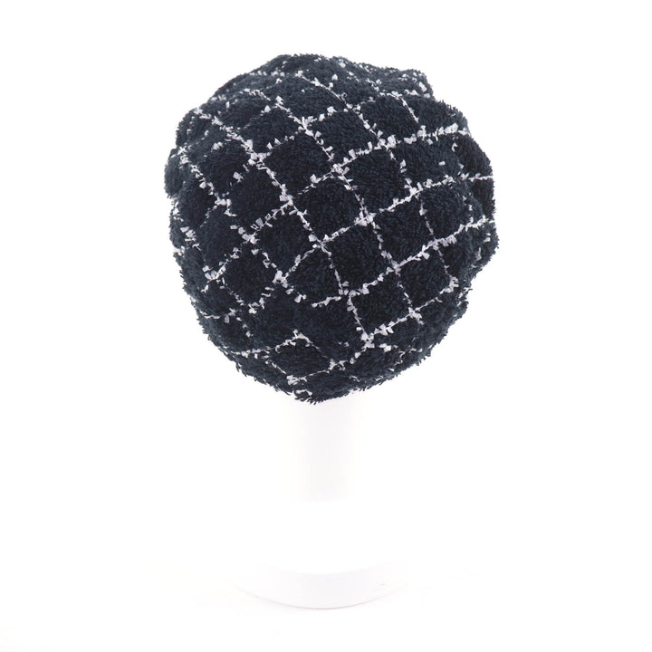 Great CHANEL beret COCO Mark lattice pattern tweed black cotton Women M 19C