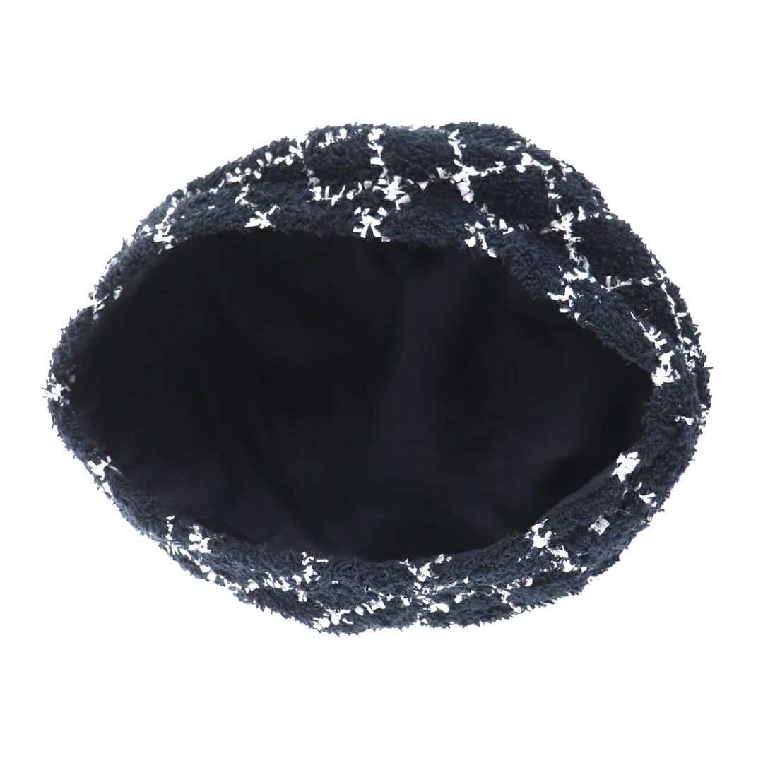 Great CHANEL beret COCO Mark lattice pattern tweed black cotton Women M 19C