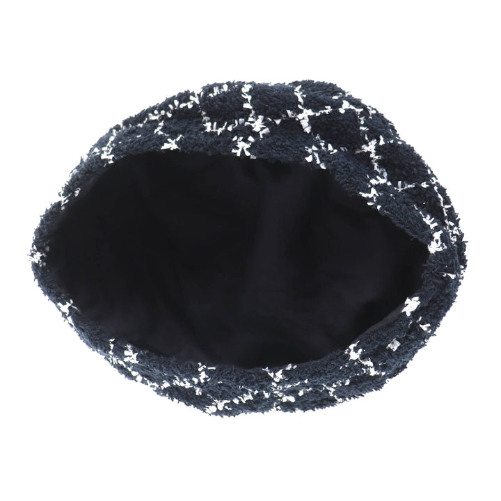 Great CHANEL beret COCO Mark lattice pattern tweed black cotton Women M 19C